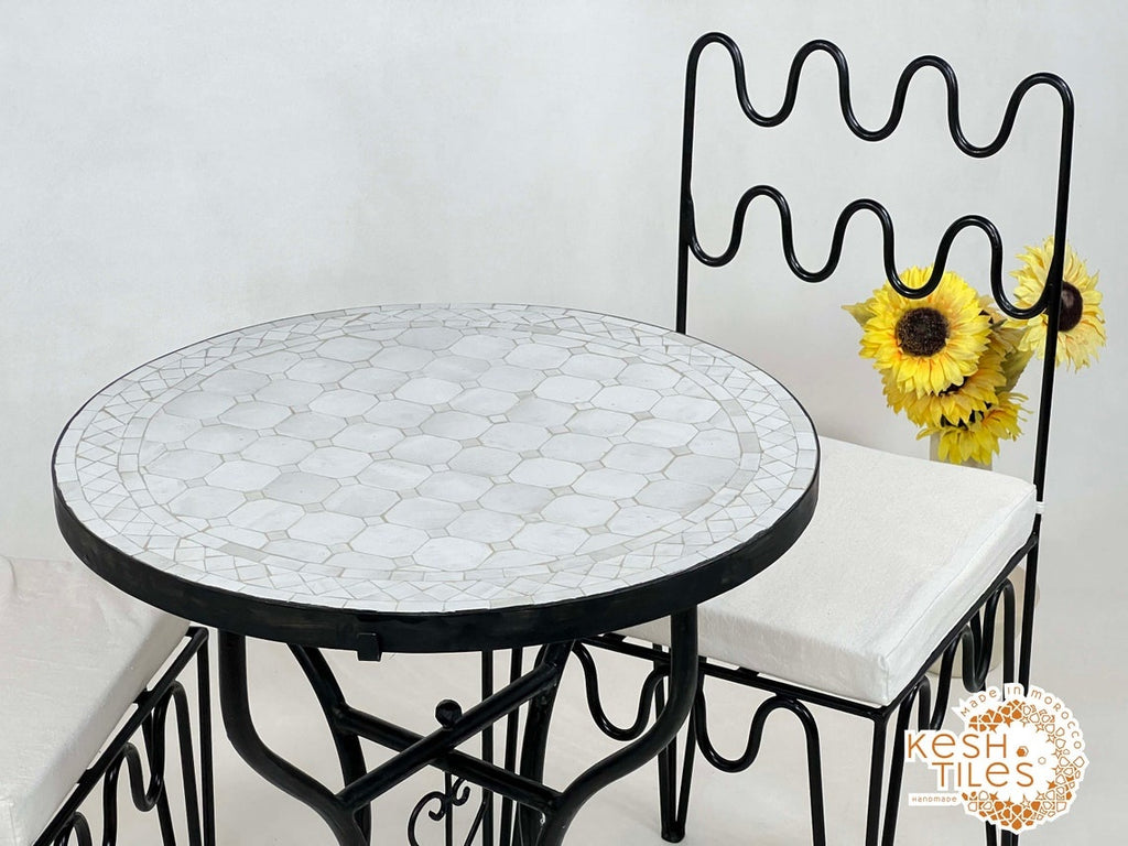 Tanmmirt - White Mosaic Table, Round Handmade Zellige Patio Table