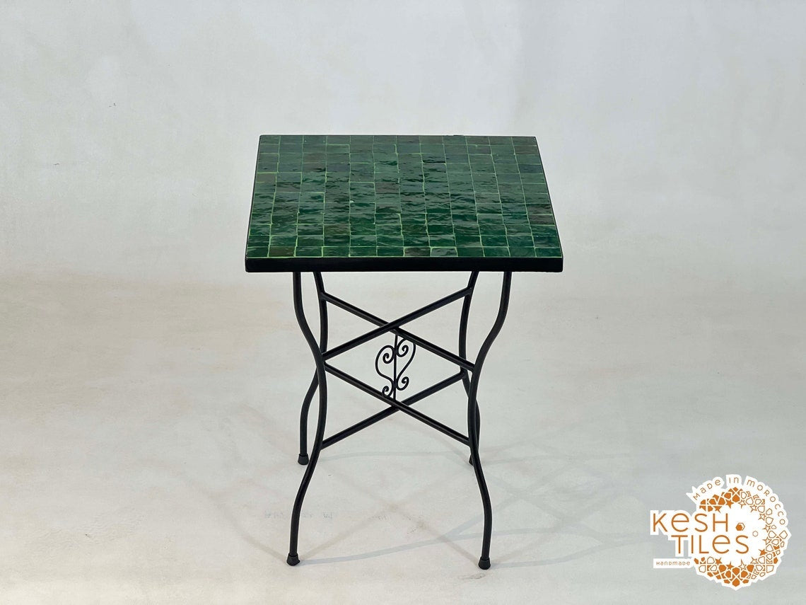 Assirem - Green Mosaic Square Table, Handmade Moroccan Zellige Patio Table