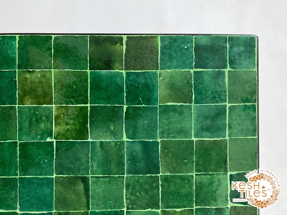 Assirem - Green Mosaic Square Table, Handmade Moroccan Zellige Patio Table