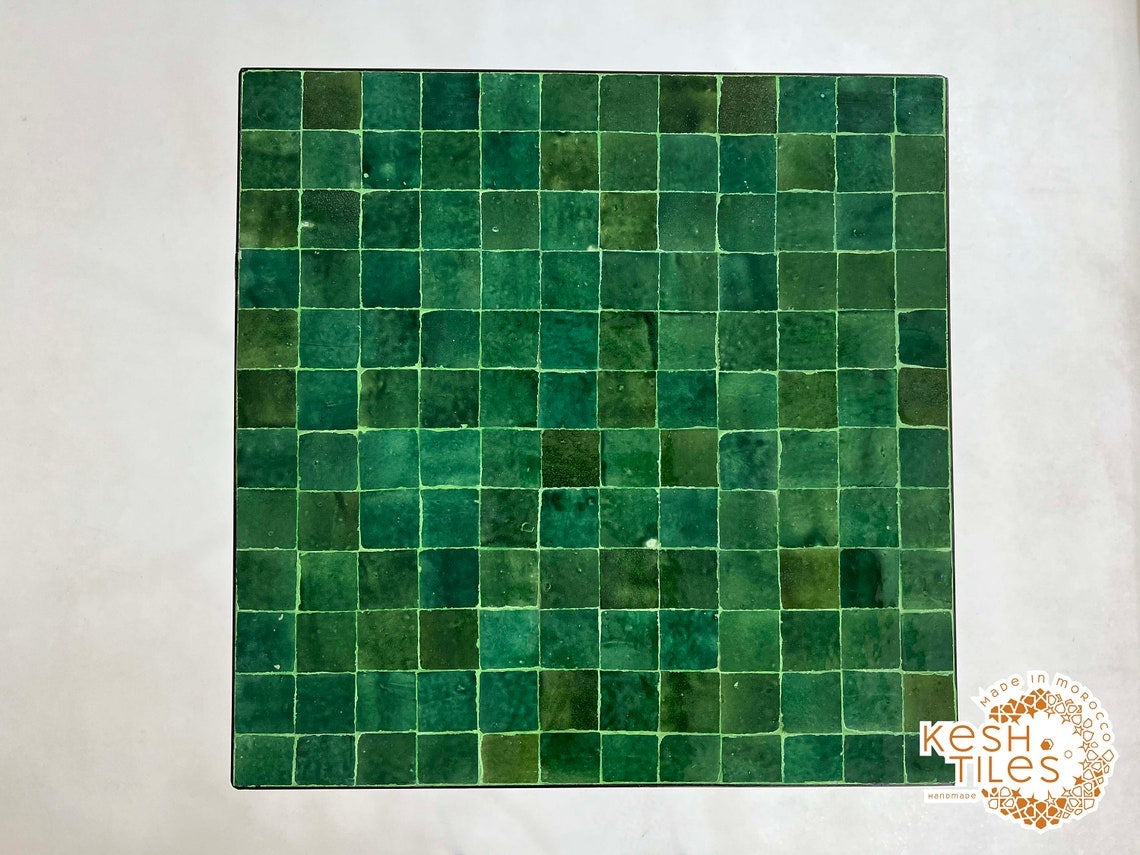 Assirem - Green Mosaic Square Table, Handmade Moroccan Zellige Patio Table