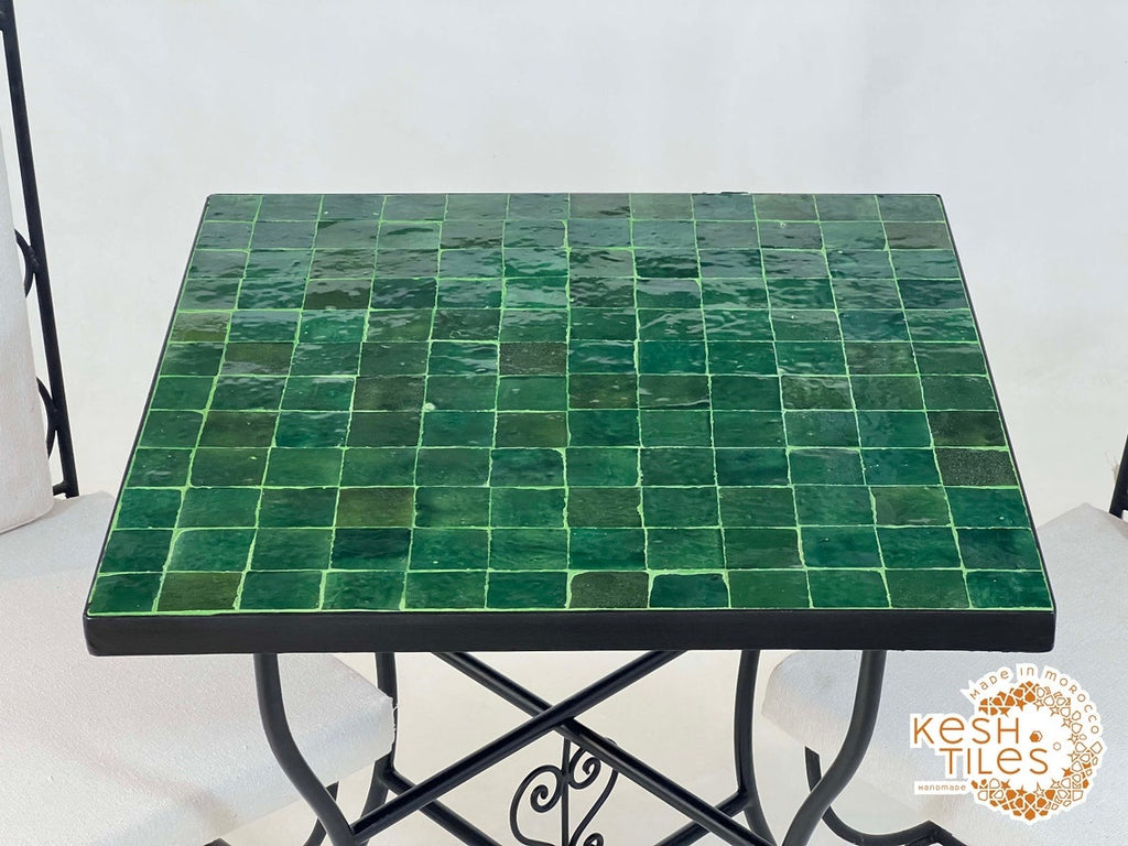 Assirem - Green Mosaic Square Table, Handmade Moroccan Zellige Patio Table