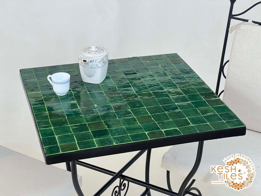 Assirem - Green Mosaic Square Table, Handmade Moroccan Zellige Patio Table
