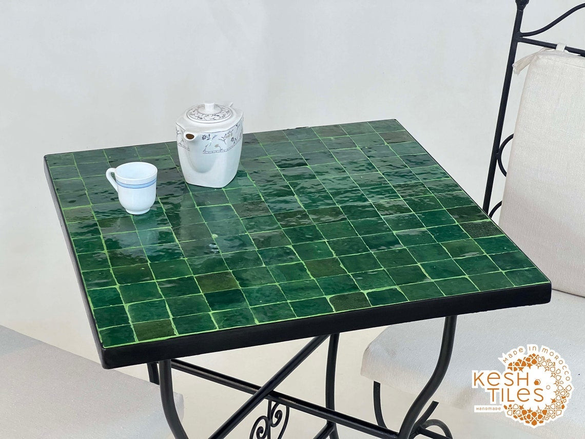 Assirem - Green Mosaic Square Table, Handmade Moroccan Zellige Patio Table