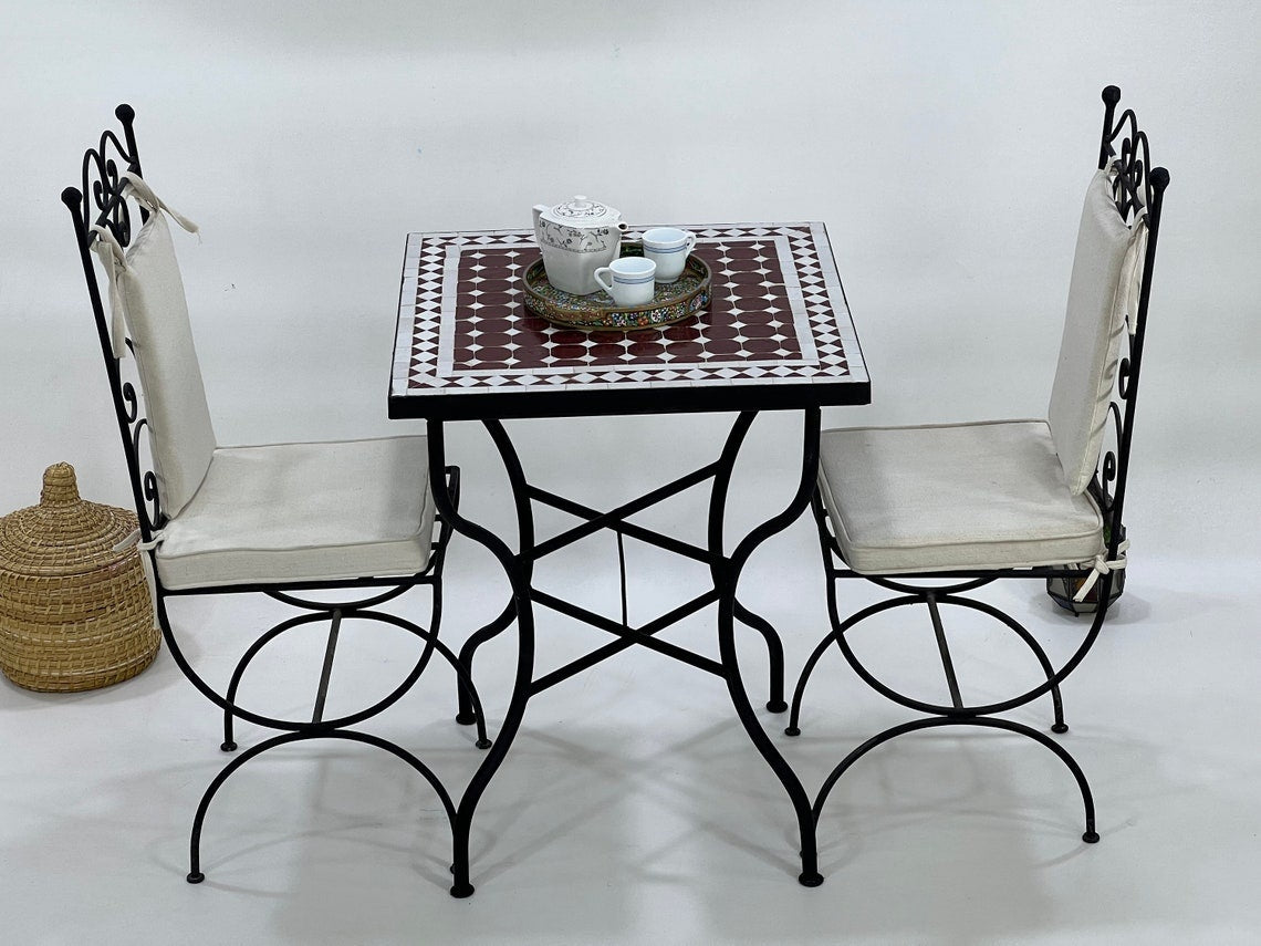 Hajar - Red White Mosaic Table, Handmade Moroccan Zellige Garden Table