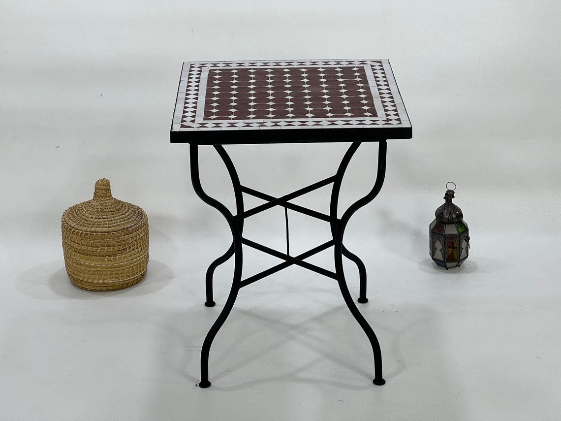Hajar - Red White Mosaic Table, Handmade Moroccan Zellige Garden Table