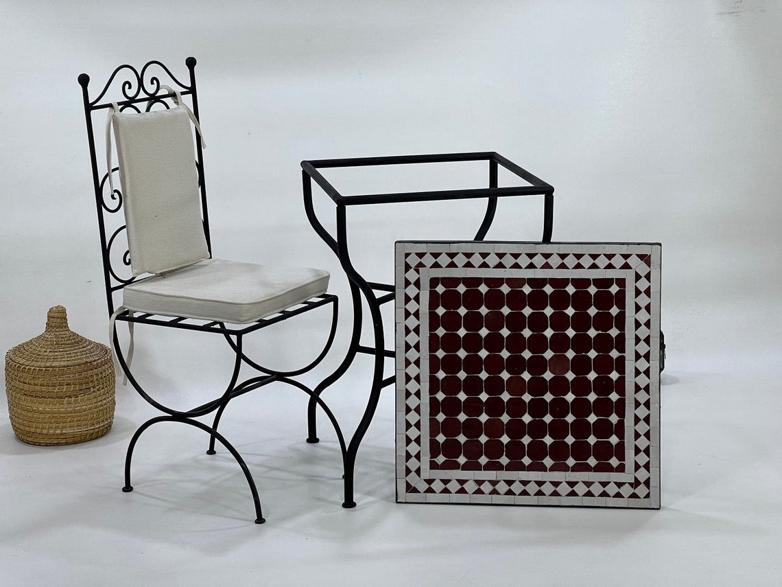 Hajar - Red White Mosaic Table, Handmade Moroccan Zellige Garden Table