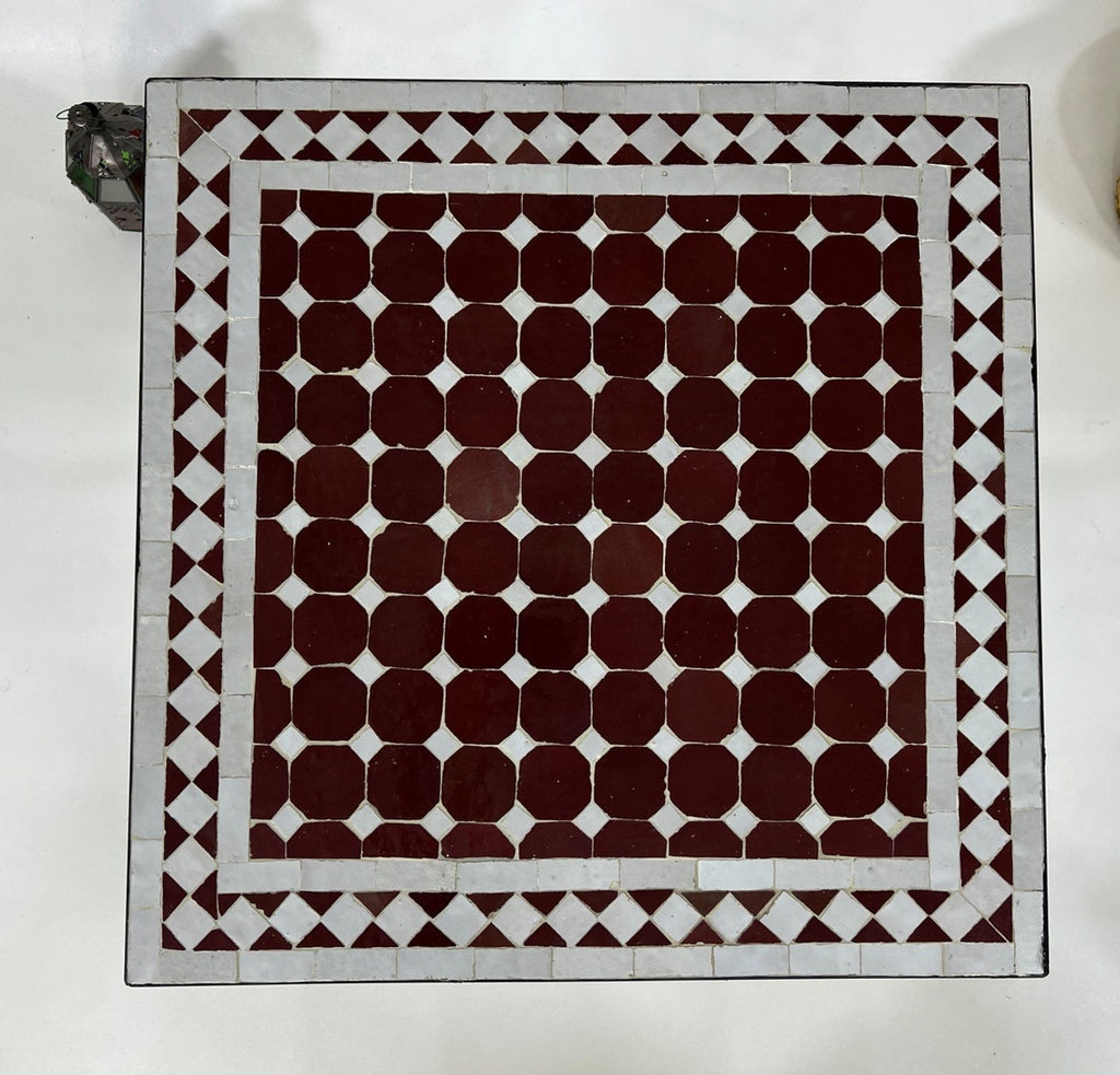 Hajar - Pinkish Red Mosaic Table, Square Handmade Moroccan Zellige Table