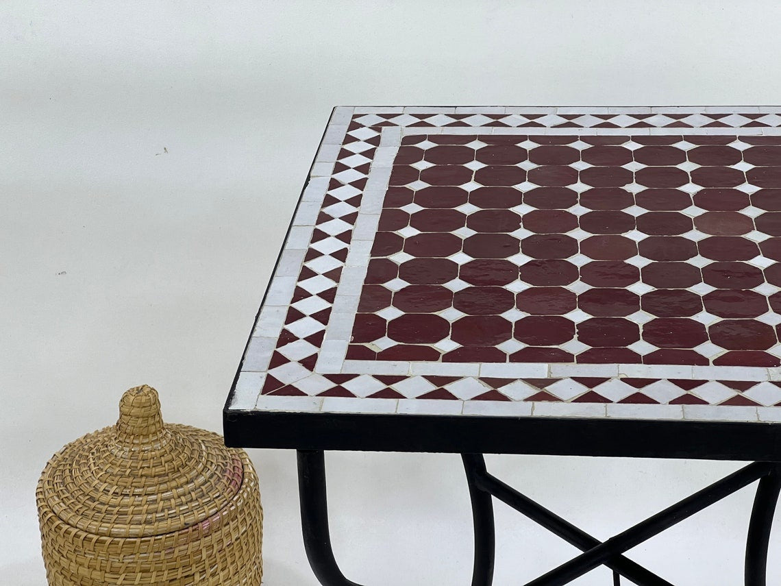 Hajar - Red White Mosaic Table, Handmade Moroccan Zellige Garden Table