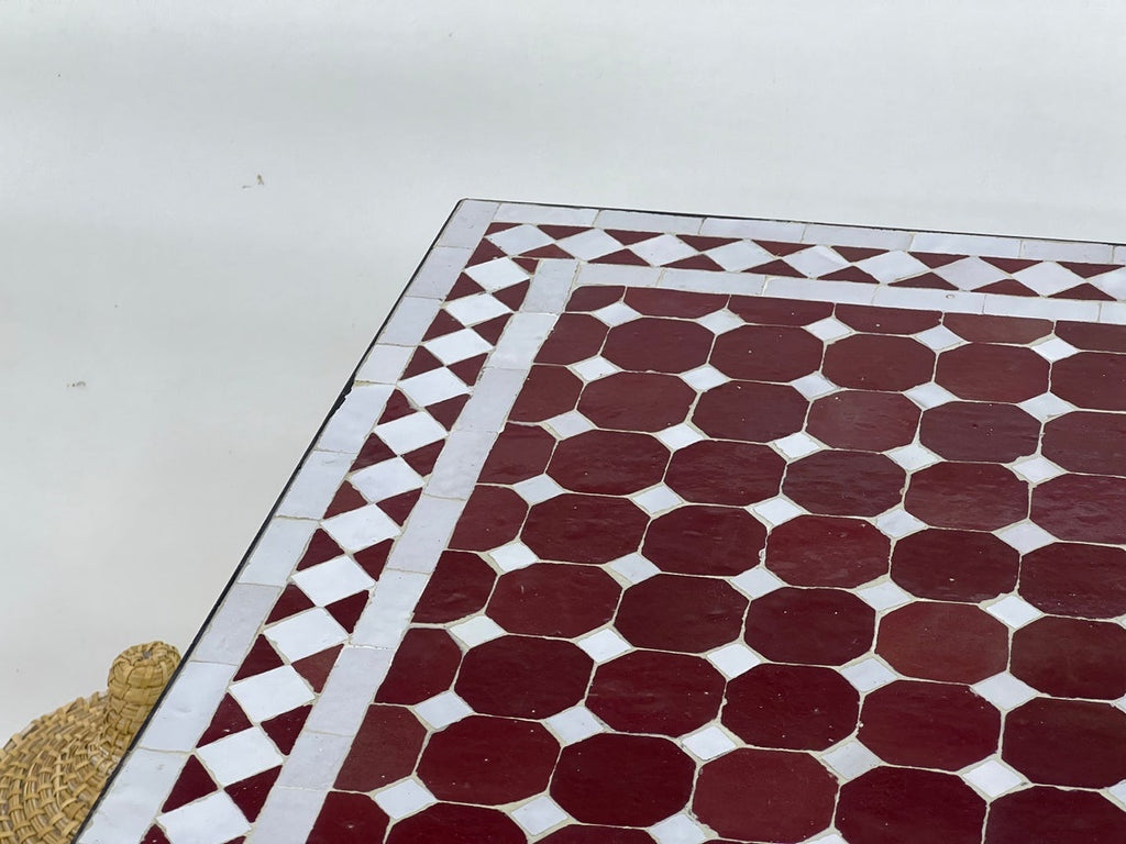 Hajar - Pinkish Red Mosaic Table, Square Handmade Moroccan Zellige Table