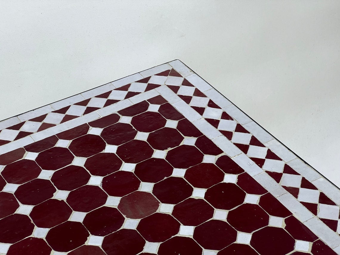 Hajar - Red White Mosaic Table, Handmade Moroccan Zellige Garden Table