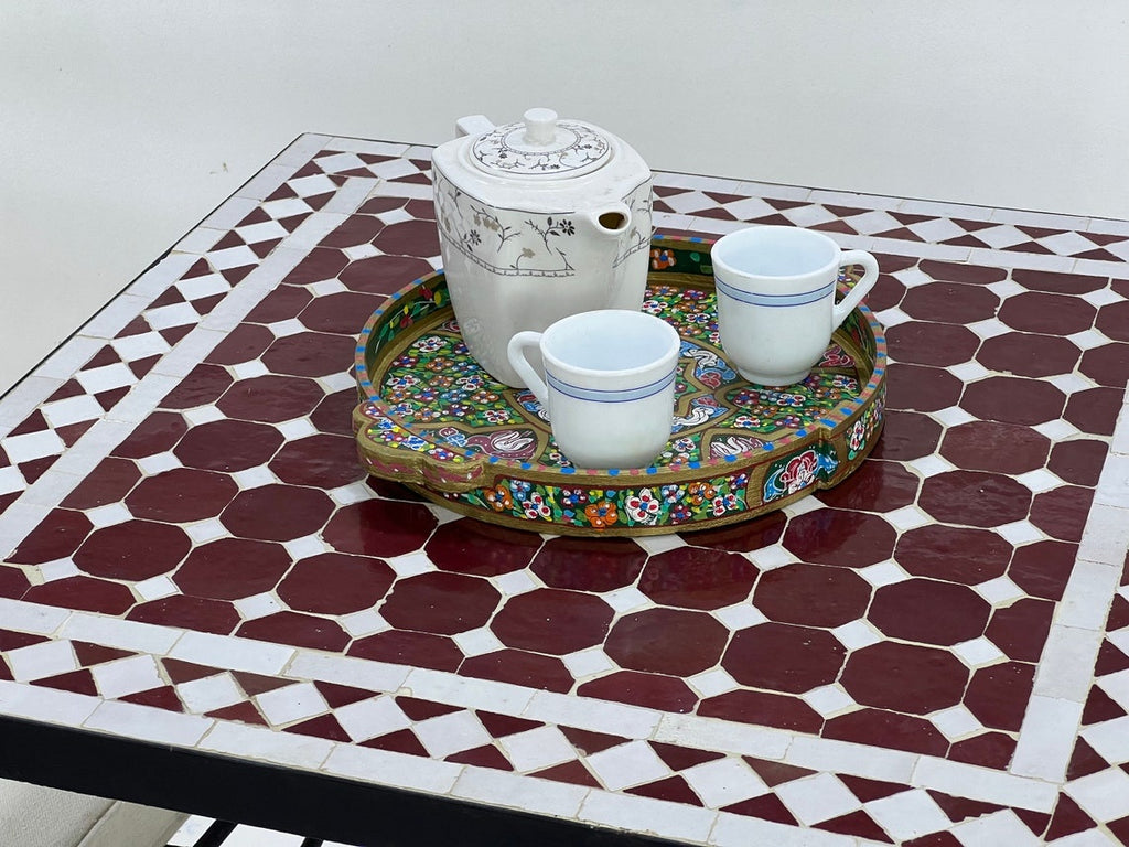 Hajar - Pinkish Red Mosaic Table, Square Handmade Moroccan Zellige Table