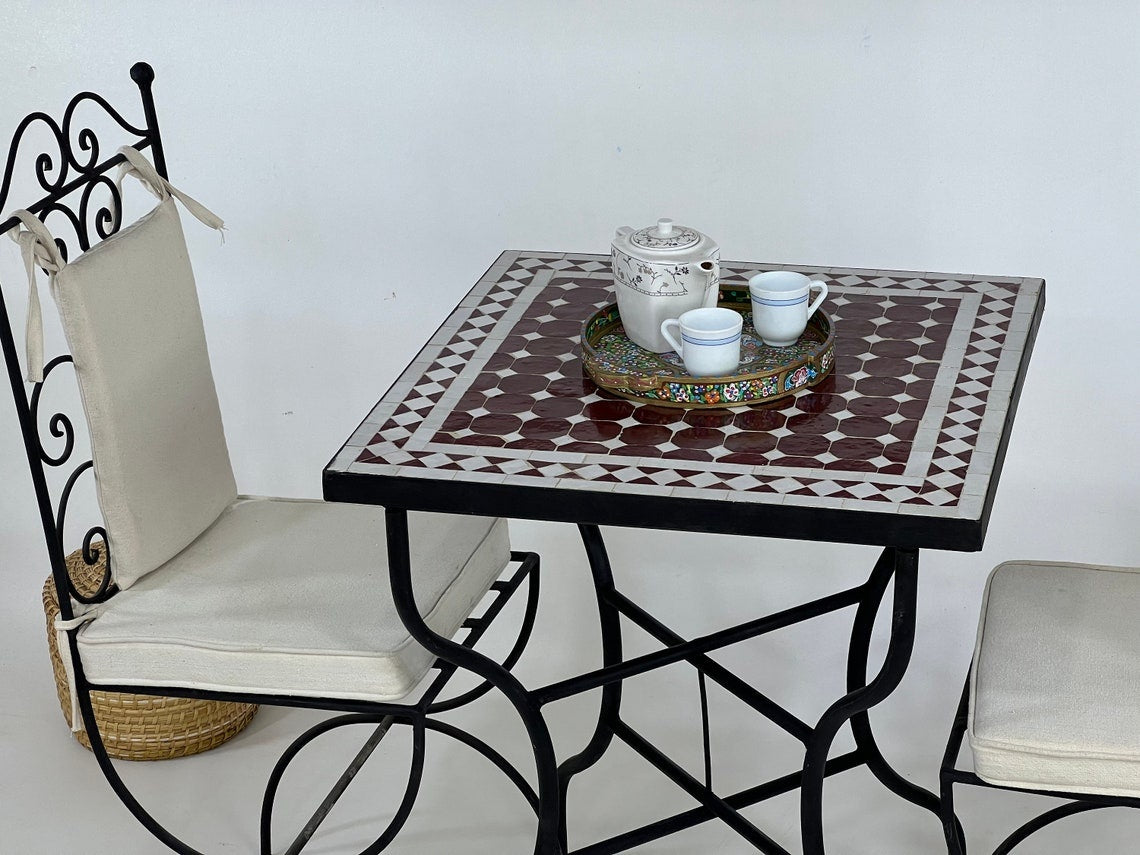 Hajar - Red White Mosaic Table, Handmade Moroccan Zellige Garden Table