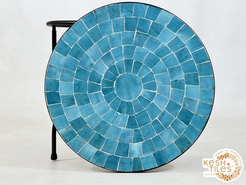 Amellal - Turquoise Mosaic Table, Handmade Moroccan Patio Tile Table