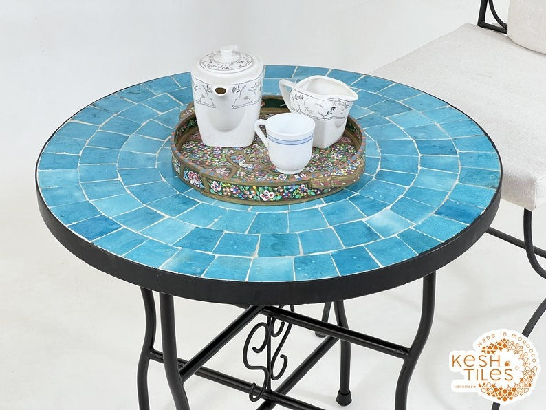 Amellal - Turquoise Mosaic Table, Handmade Moroccan Patio Tile Table