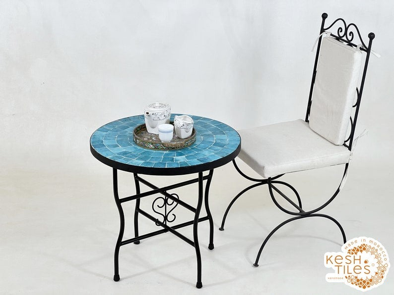 Amellal - Turquoise Mosaic Table, Handmade Moroccan Patio Tile Table