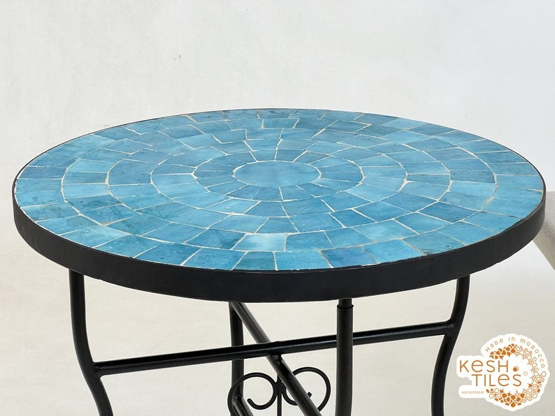 Amellal - Turquoise Mosaic Table, Handmade Moroccan Patio Tile Table