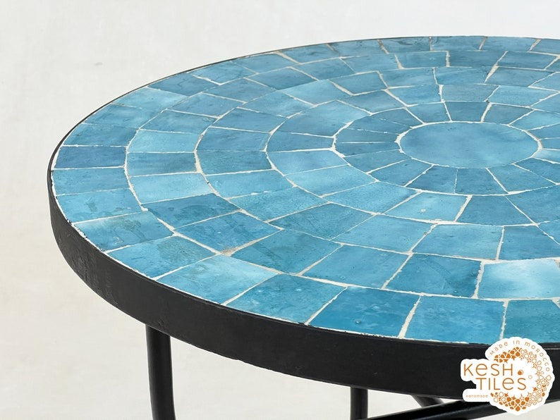 Amellal - Turquoise Mosaic Table, Handmade Moroccan Patio Tile Table