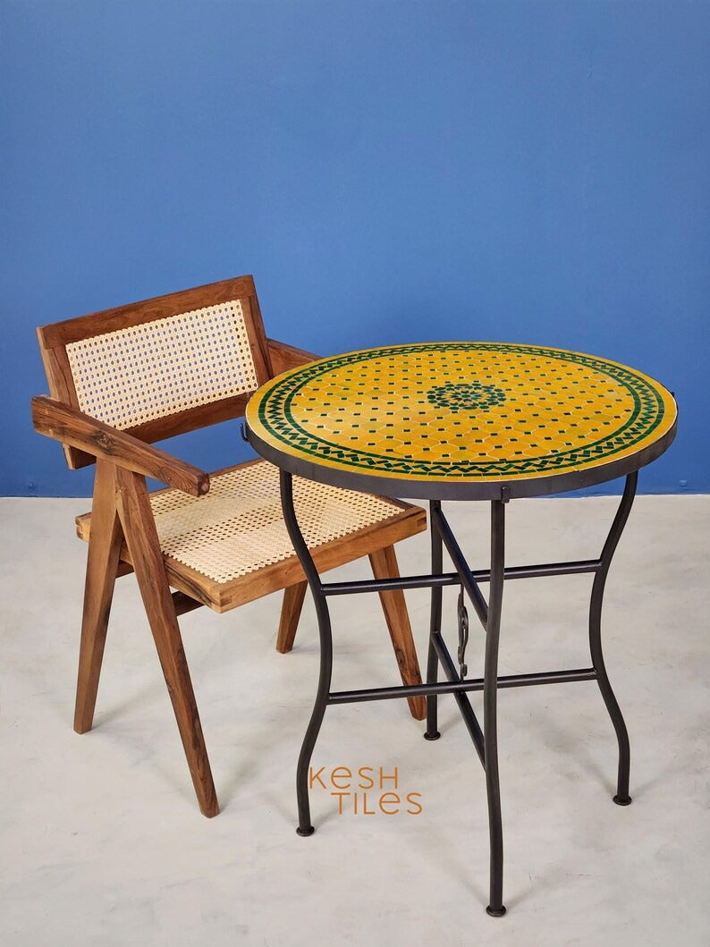 Tafra - Yellow Green Mosaic Table, Handmade Tamegroute Tile Patio Table
