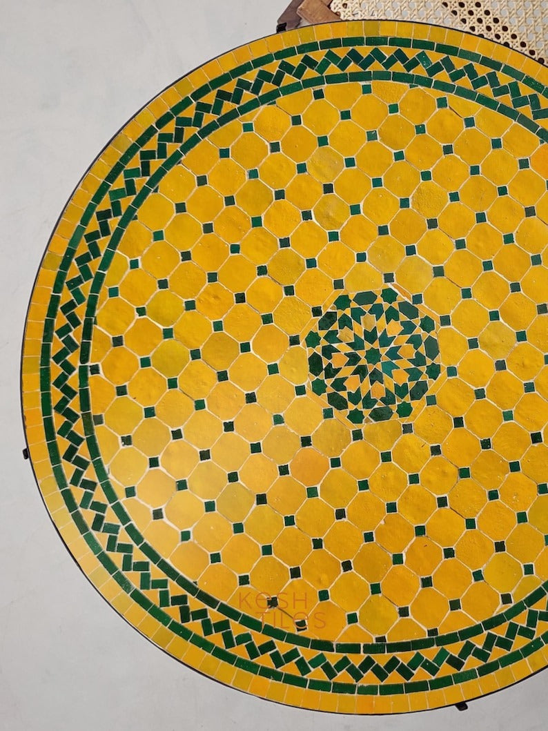 Tafra - Yellow Green Mosaic Table, Handmade Tamegroute Tile Patio Table