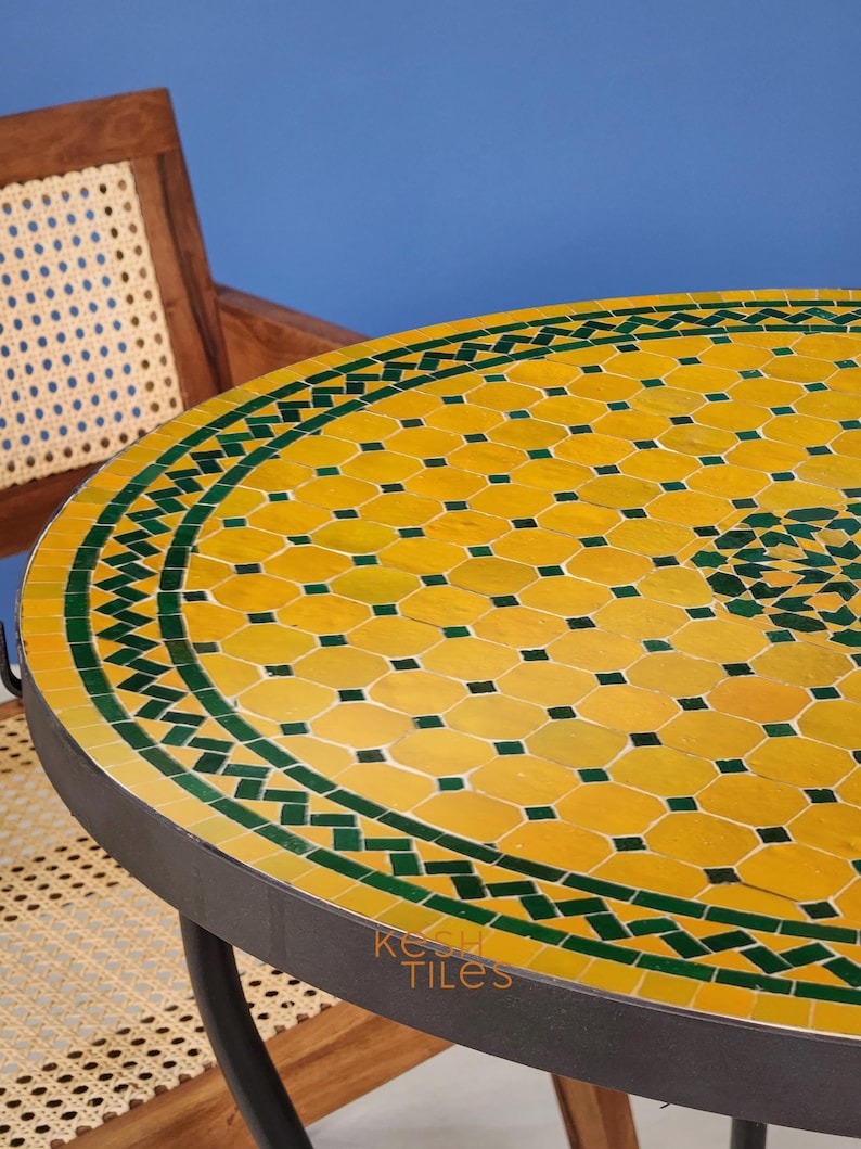 Tafra - Yellow Green Mosaic Table, Handmade Tamegroute Tile Patio Table
