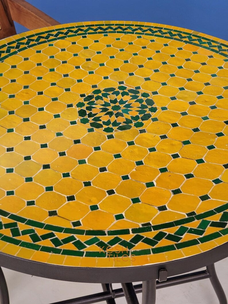 Tafra - Yellow Green Mosaic Table, Handmade Tamegroute Tile Patio Table
