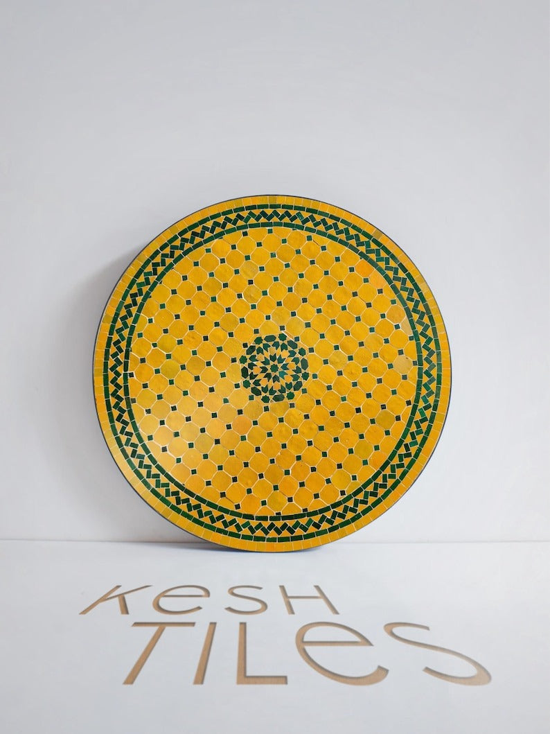 Tafra - Yellow Green Mosaic Table, Handmade Tamegroute Tile Patio Table