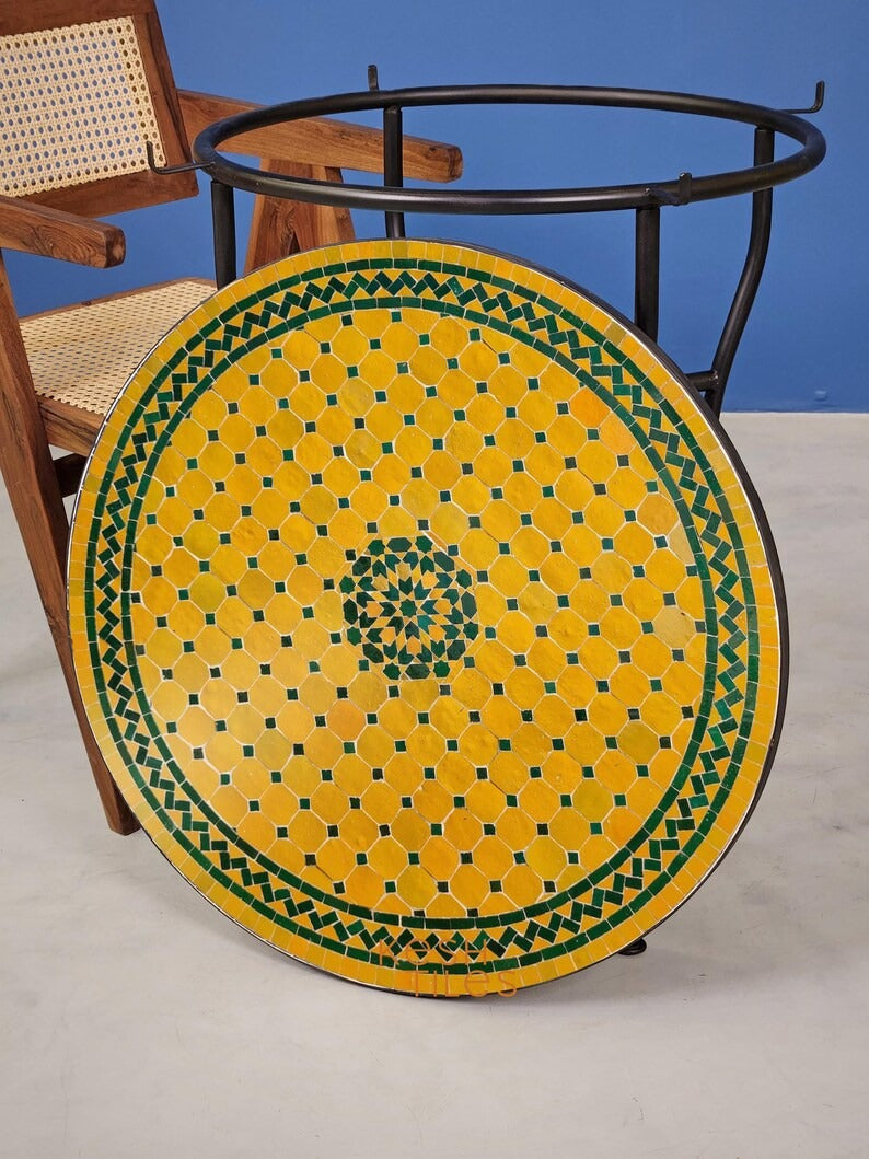 Tafra - Yellow Green Mosaic Table, Handmade Tamegroute Tile Patio Table