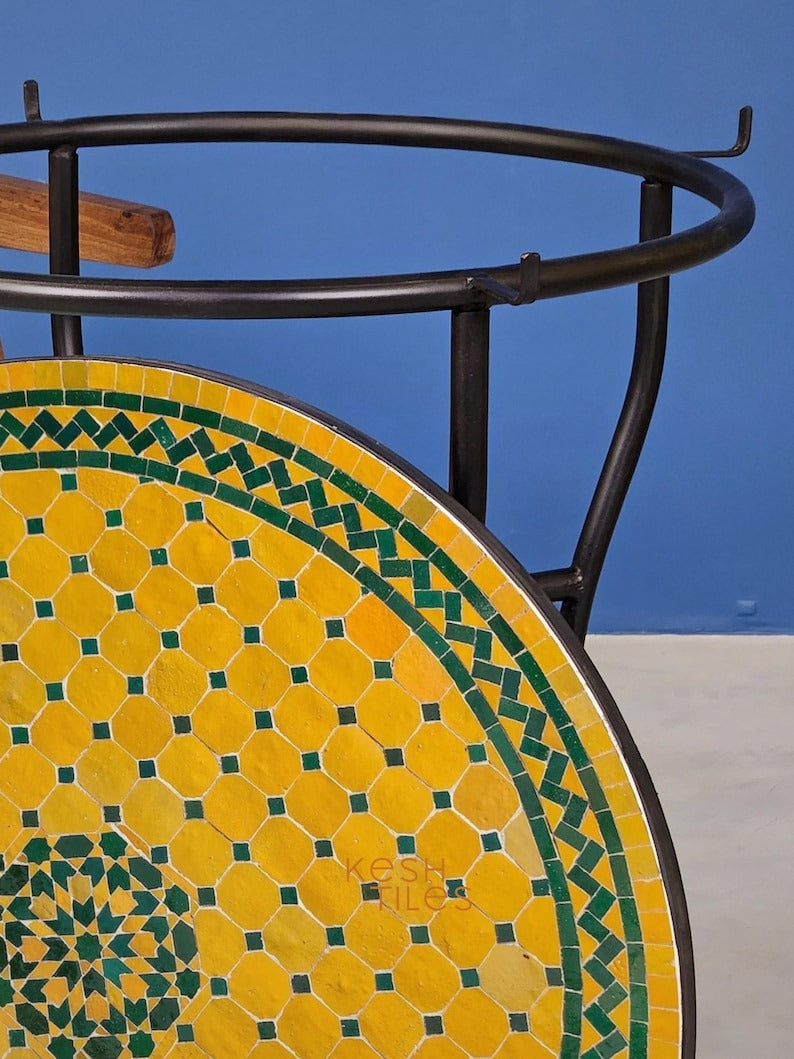 Tafra - Yellow Green Mosaic Table, Handmade Tamegroute Tile Patio Table
