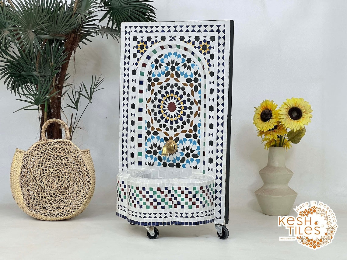 Ilham - Multicolor Mosaic Fountain, 24K Candles Mid Century Zellige