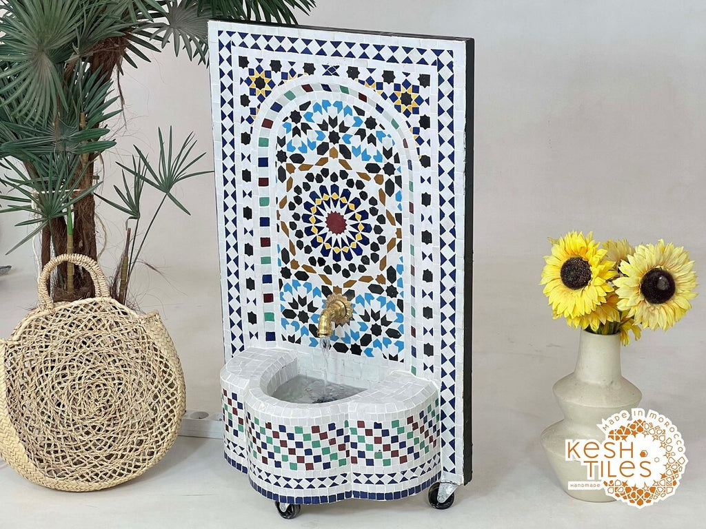 Ilham - Multicolor Mosaic Fountain, 24K Candles Mid Century Zellige