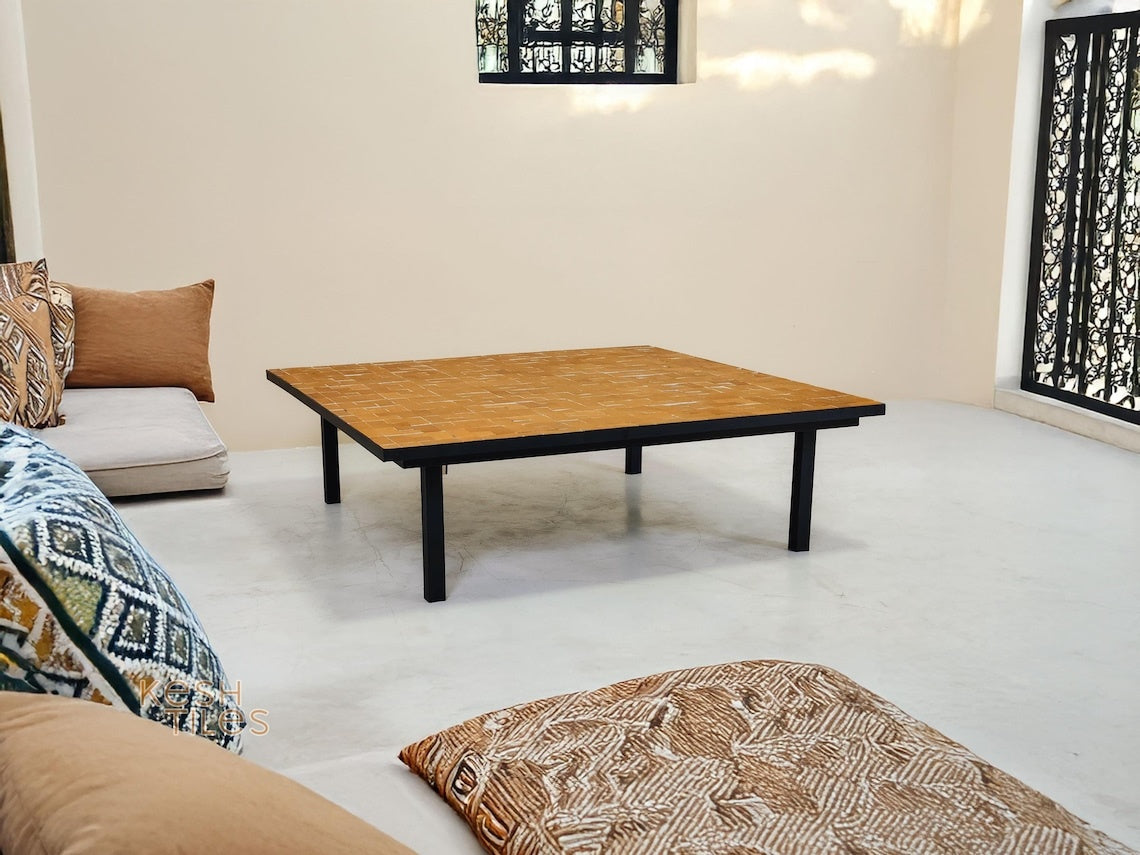 Imane - Mustard Yellow Mosaic Table, Handmade Moroccan Tile Patio Table