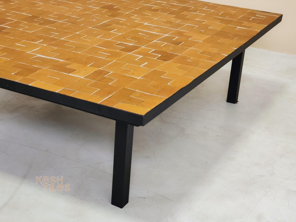 Imane - Mustard Yellow Mosaic Table, Handmade Moroccan Tile Patio Table