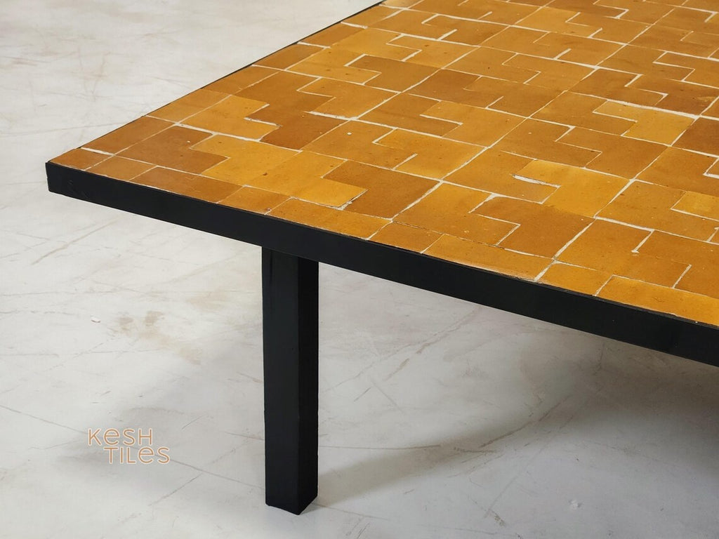Imane - Mustard Yellow Mosaic Table, Handmade Moroccan Tile Patio Table