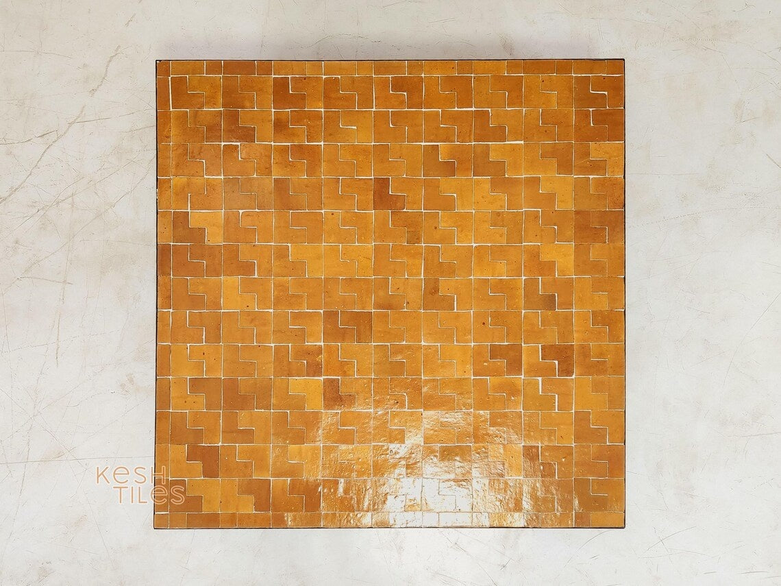 Imane - Mustard Yellow Mosaic Table, Handmade Moroccan Tile Patio Table