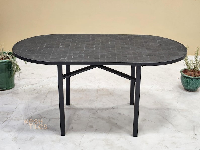 Aywa - Oval Black Mosaic Table, Handmade Moroccan Patio Table