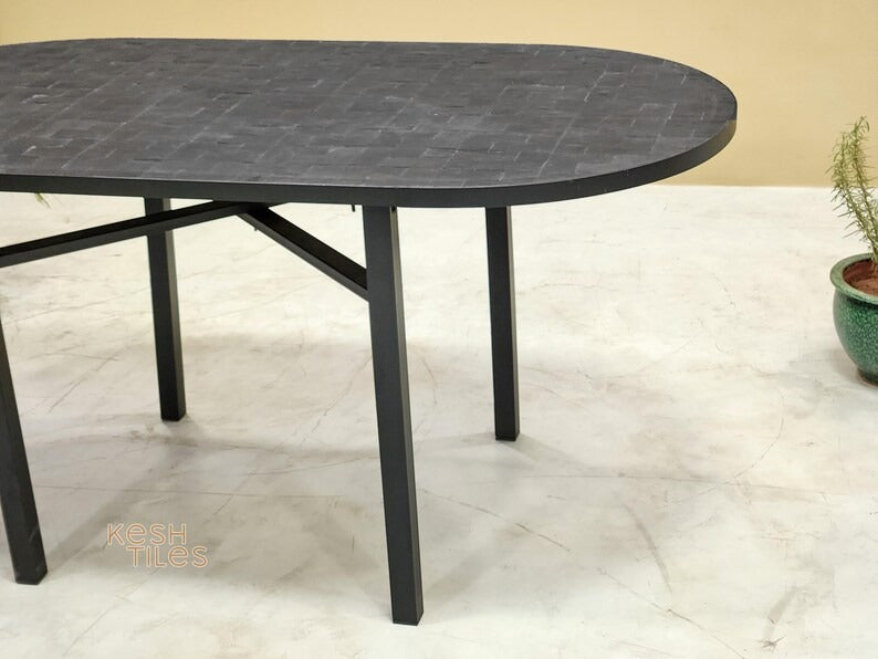 Aywa - Oval Black Mosaic Table, Handmade Moroccan Patio Table