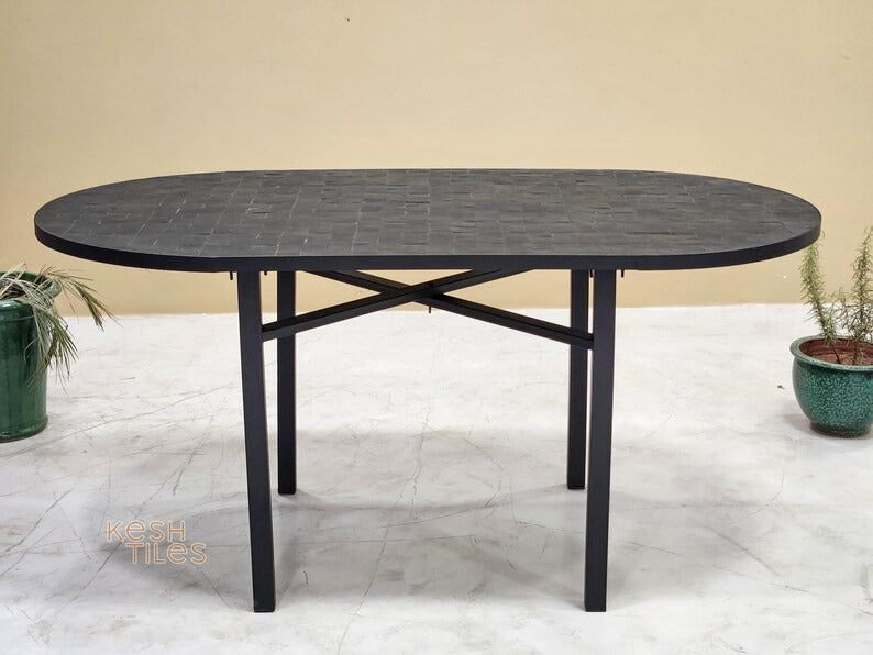 Aywa - Oval Black Mosaic Table, Handmade Moroccan Patio Table
