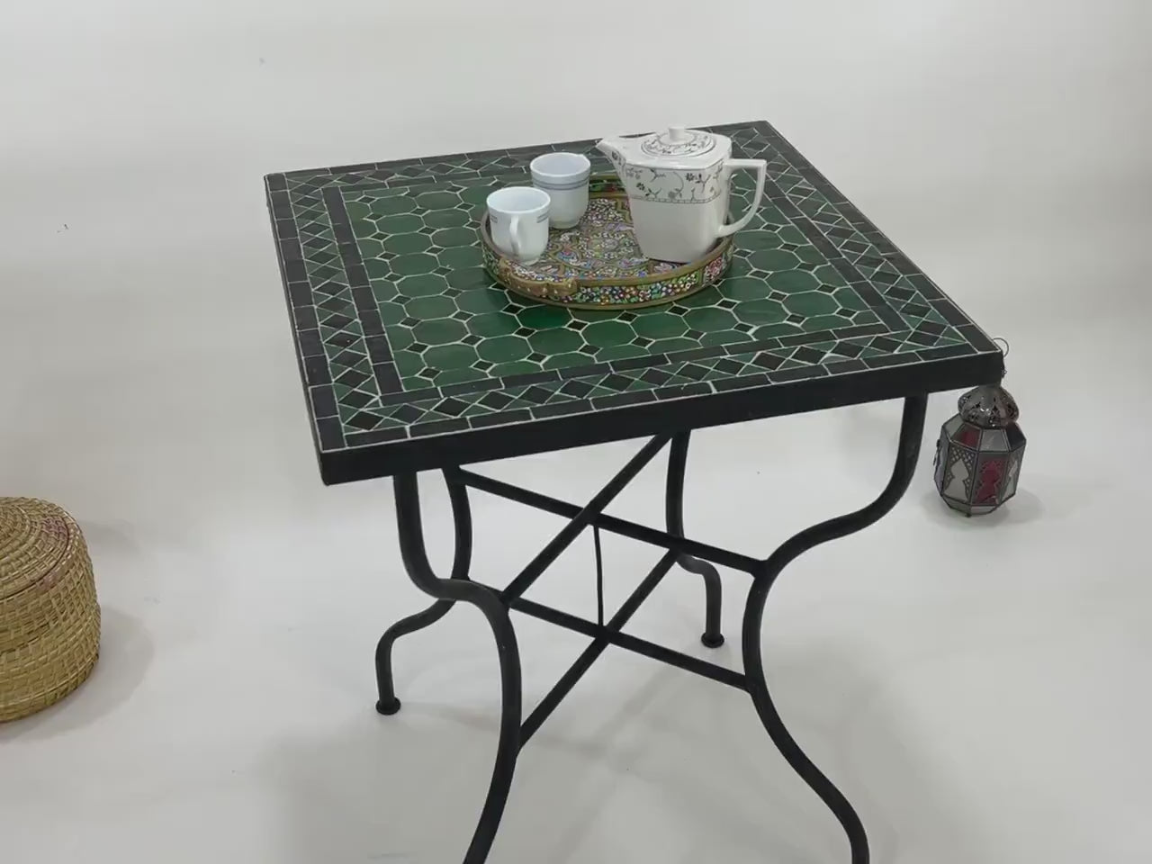 Amira- Black and Green Mosaic Table, Square Handmade Moroccan Table