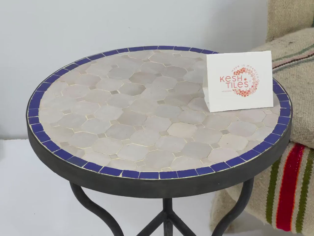 Azrou - Blue and White Mosaic Table, Round Handmade Moroccan Tile Table