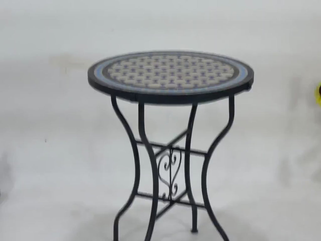 Zahra - Teal and Cyan Blue Mosaic Table, Round Handmade Moroccan Table