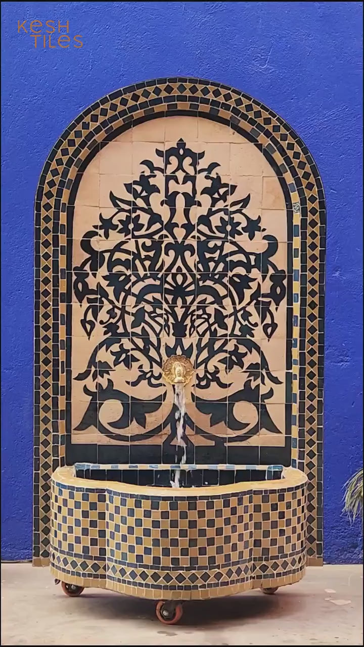 Souad - Tree of Life Mosaic Fountain, Arched Beige and Blue Zellige