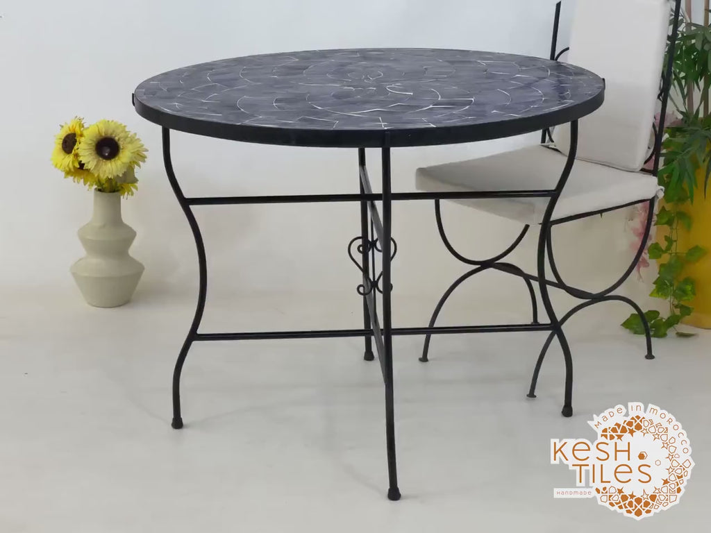 Lalla - Teal Blue Mosaic Table, Round Handmade Zellige Patio Table