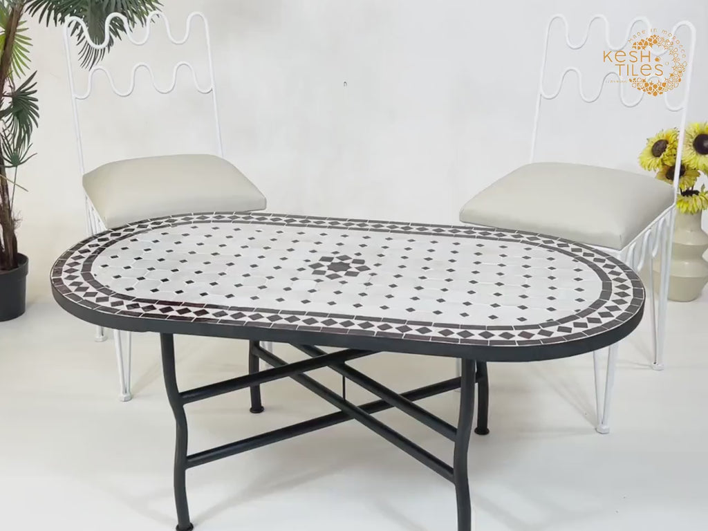 Meryam - Oval Brown Mosaic Table, Handmade Off White Moroccan Patio Table