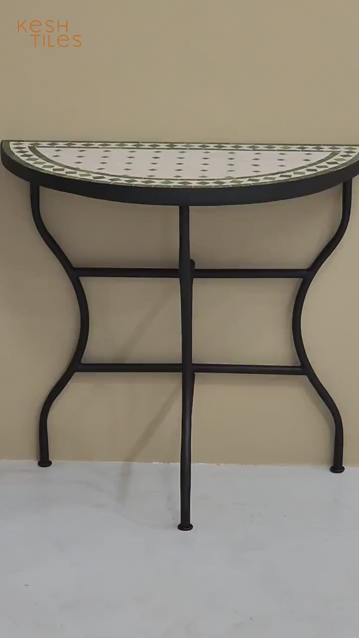 Taziri - Green and White Mosaic Console Table, Half Moon Handmade Zellige Table