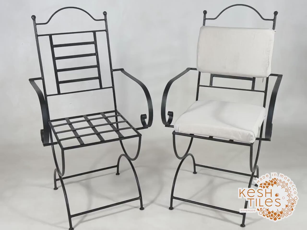 Yuba - Moroccan Wrought Iron Bistro Chairs, Black Handmade Seating with Cushions