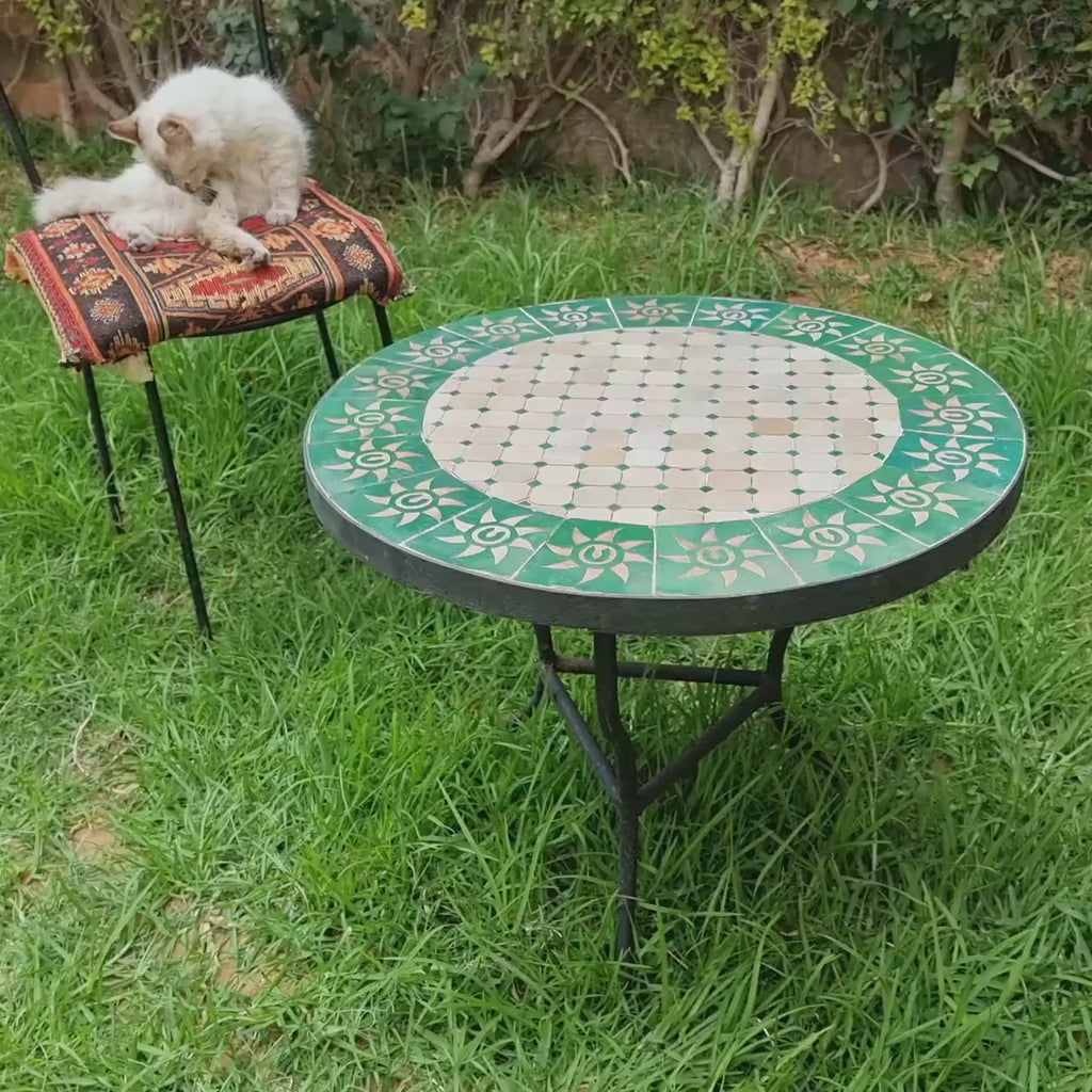 Akal - Emerald Green and Beige Mosaic Table, Handmade Moroccan Zellige Patio Table