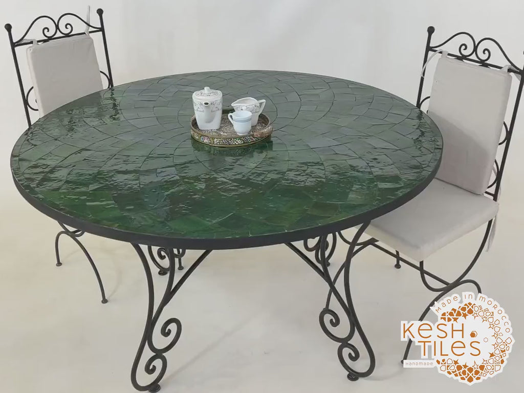 Itri - Round Mosaic Table, Green Flower Handmade Moroccan Patio