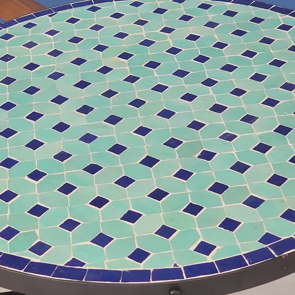 Massyla - Round Mosaic Table, Turquoise and Navy Handmade Zellige Table