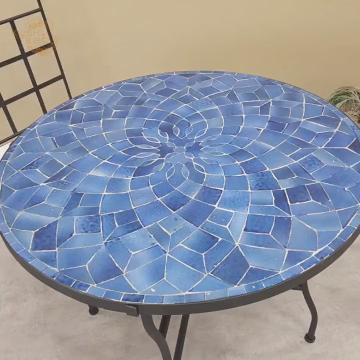 Tissilt - Blue Mosaic Table, Round Handmade Zellige Flower Patio Table
