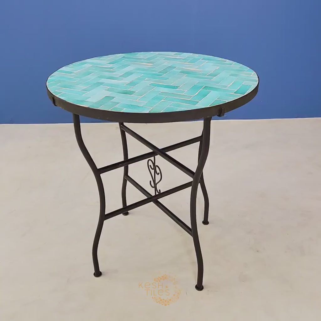 Assil - Turquoise Mosaic Table, Handmade Herringbone Moroccan Patio Table